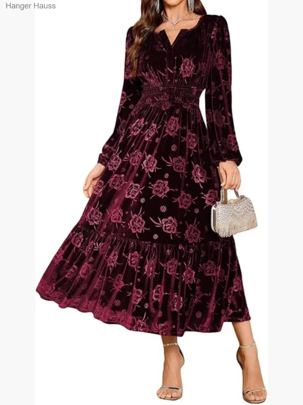 Velvet Maxi Dress Long Sleeve V Neck Tiered A Line Formal Cocktail Party